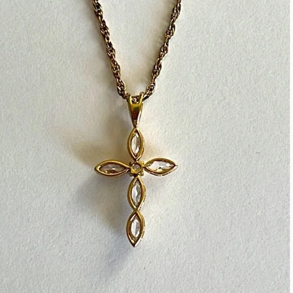 Crystal Cross Pendant on Gold Overlay 925 Sterling Silver Necklace - Picture 2 of 7